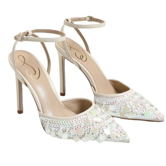 Sam Edelman Size 10 Ivory Embellished Avril Sequin Slingback Pump Heels - Picture 1 of 10